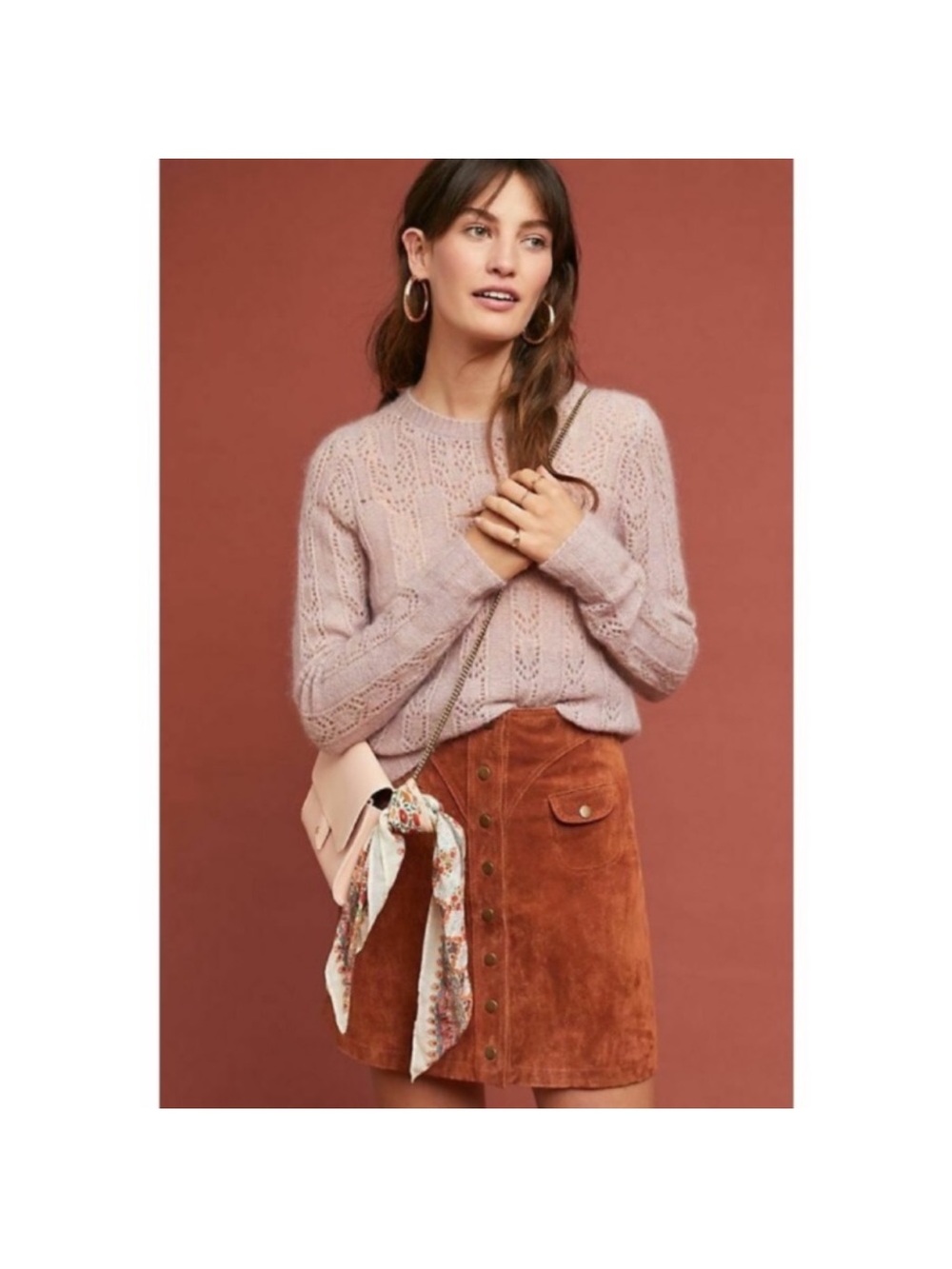 Anthropologie Suede Leather Rust Brown Button Front Mini Skirt Size 8